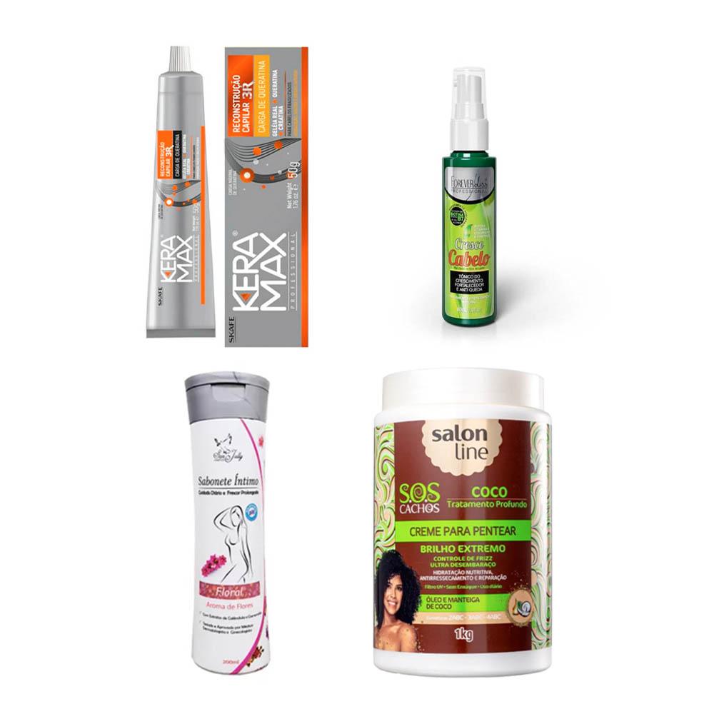 Kit Keramax, Cresce Cabelo, Sos Cachos Coco, Sabonete Intimo