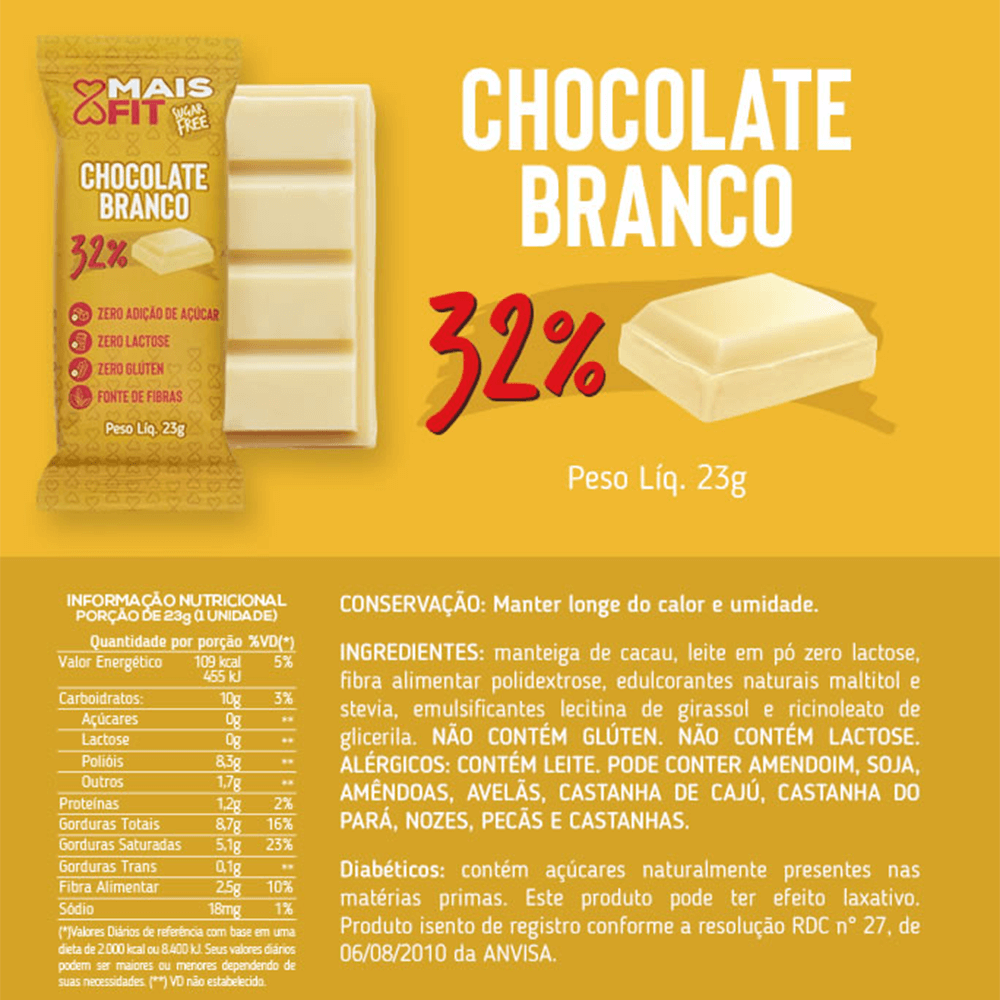 Chocolate Branco Mais Fit 32% cacau - 25g