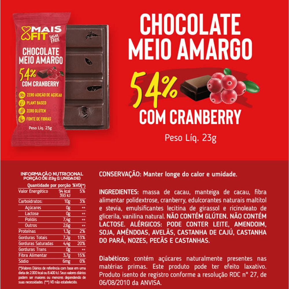 Chocolate Meio Amargo com Cranberry 54% - 25g