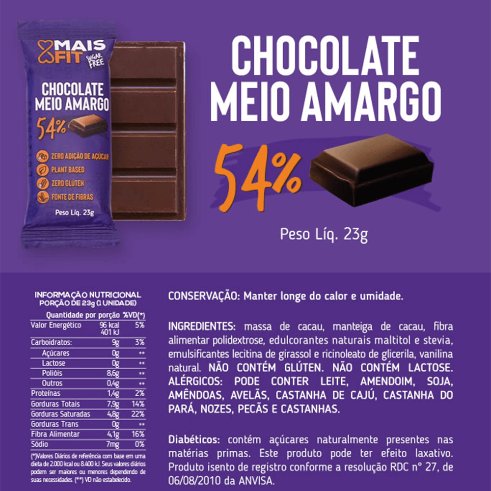 Chocolate Meio Amargo Mais Fit 54% cacau - 25g