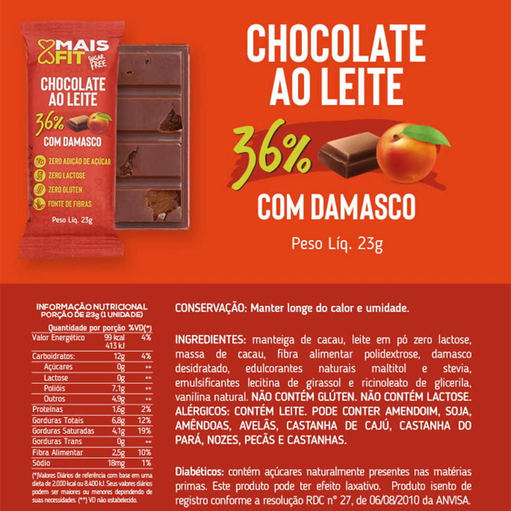 Chocolate ao Leite com Damasco Mais Fit 36% cacau - 25g