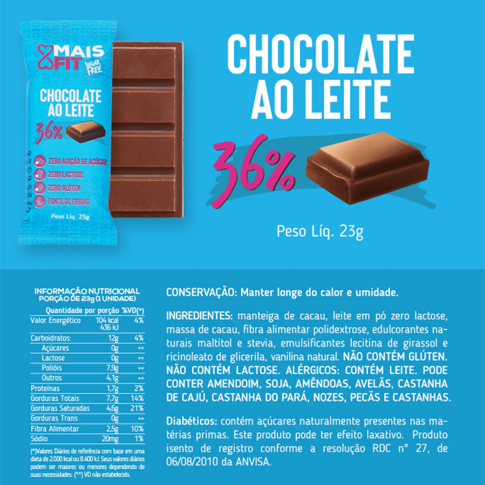 Chocolate ao Leite Mais Fit 36% cacau – 25g