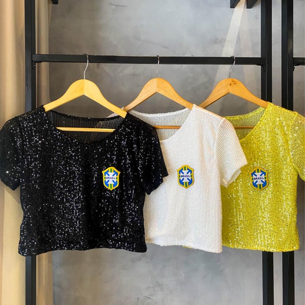 Cropped Camiseta de Paete Brasil Copa - Amarela