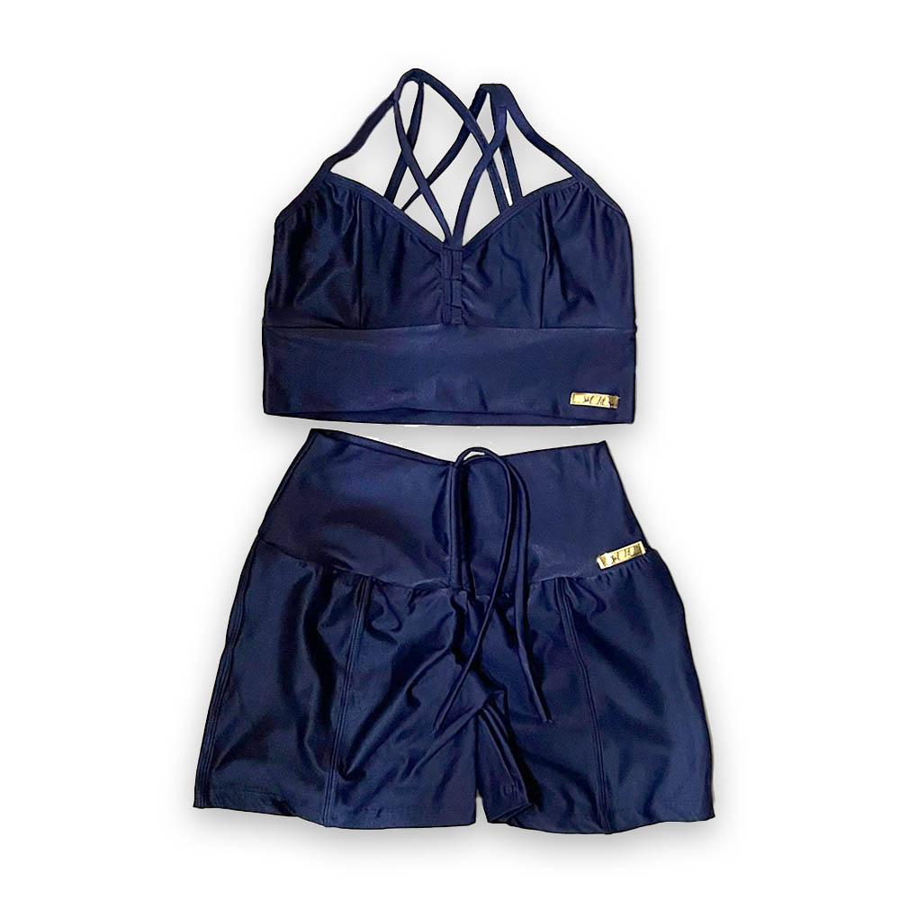 Conjunto Short Fitness Azul Marinho Alça Dupla